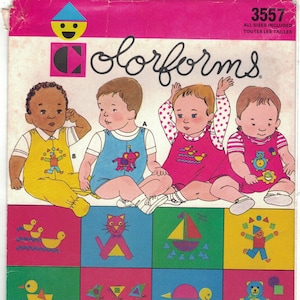 Puede incluir: Un patrón de costura vintage para ropa de niños. El patrón se llama "Colorforms" y presenta una variedad de diseños geométricos coloridos. El patrón incluye instrucciones para hacer una variedad de prendas de vestir, incluyendo pantalones de peto, camisas y vestidos. El patrón es de la empresa Butterick.