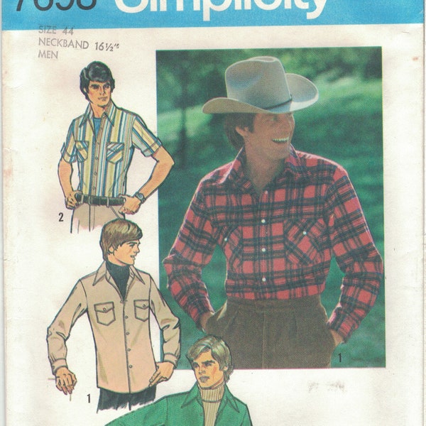 Simplicity 7698 Men's 1970s Western Shirt Pattern Buttoned Flap Pockets Choose Size Uncut