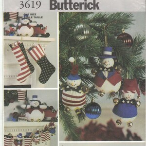 Butterick 3619 Patriotic Snowmen Christmas Ornaments, Stocking, Garland, Gift Pockets Pattern Uncut