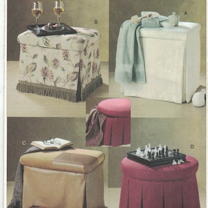 May include: Four different styles of ottomans with various fabric covers. The ottomans are in different colors, including white, beige, brown, and pink. The ottomans are all square or round in shape and have a tufted design. The ottomans are all sitting on a light brown surface. The image includes the text "7789 PATTERN/PATRON ONE SIZE UNE SEULE TAILLE" and "VOGUE decor".