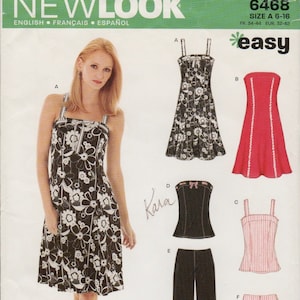 Puede incluir: Patrón de costura para un vestido, una blusa y unos pantalones. El patrón incluye un vestido de estampado floral, una blusa roja, una blusa negra, unos pantalones negros y una blusa y unos pantalones cortos a rayas rosa y blanco. El patrón está etiquetado como "New Look" y "Fácil".