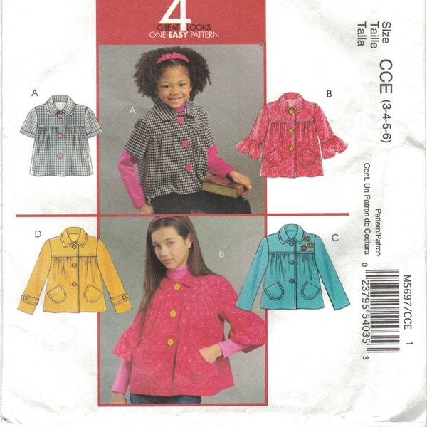 McCall's 5697 Easy Children's Girl's Flared Smock Jacket Pattern 4 Looks Size 3 4 5 6 Uncut