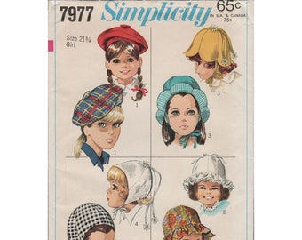 Simplicity 7977 Girls 1960s Hats Caps Flower Petal,  Beret, Tam, Ruffled Bucket, Helmet Pattern Uncut Vintage