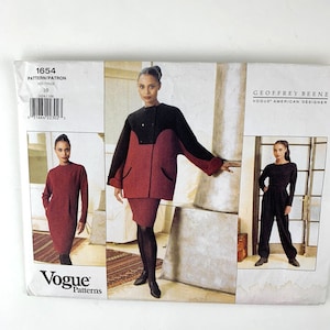 May include: Vogue sewing pattern number 1654 for a dress and pants designed by Geoffrey Beene. The pattern includes instructions for making a black and red dress with a skirt and a black pantsuit.