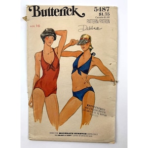May include: Vintage sewing pattern for a swimsuit, Butterick pattern number 5487, size 16, titled "Debbie". The pattern features two women wearing different styles of swimsuits, one in red and one in blue.