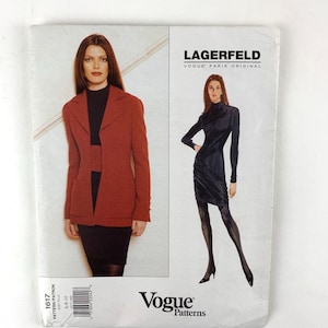 May include: A Vogue Paris Original sewing pattern envelope for Lagerfeld design 1617. The front displays a rust-colored blazer over a black dress and a black long-sleeved dress illustration. Text includes LAGERFELD, VOGUE PARIS ORIGINAL, and Vogue Patterns.