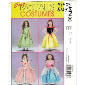 May include: A sewing pattern for four different princess costumes for children. The pattern includes a green dress, a yellow and red dress, a pink dress, and a blue dress. The pattern is for sizes 6-7-8. The pattern number is MP403.
