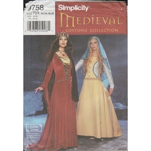 May include: Simplicity Medieval Costume Collection sewing pattern. The pattern features two medieval costume designs. One is a long red dress with a black cape, and the other is a long yellow dress with a blue veil. The pattern includes sizes 14, 16, 18, and 20.