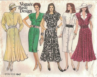 Vogue 1847 Basic Design Belted, Button Front Dress Pattern 1980s Misses Size 14 16 18 Uncut