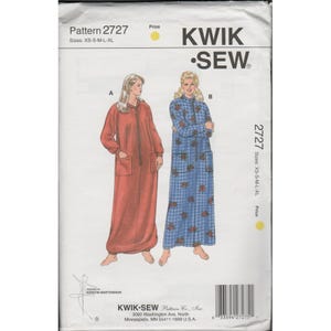 May include: A Kwik Sew pattern 2727 envelope featuring two robe designs in sizes XS-S-M-L-XL. Design A is a solid red robe with a front zipper and pockets. Design B is a blue robe with a small checkered pattern and leaf motifs, also featuring a front zipper.