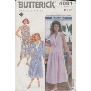 May include: Butterick 4081 sewing pattern featuring three dress designs. The pattern includes a floral print dress, a blue polka dot dress, and a pink dress. The text "EASY / FACILE" indicates the pattern's skill level.