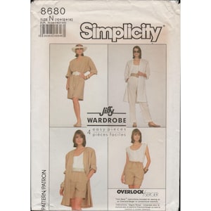 May include: Simplicity sewing pattern number 8680, size N (10-12-14), for a Jilly wardrobe with four easy pieces. The pattern shows four different outfits, all featuring shorts and a top. The pattern includes instructions for using an overlock or serger.