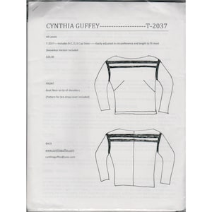May include: A white paper with a black line drawing of a long-sleeved shirt. The text "CYNTHIA GUFFEY" and "T-2037" are at the top. The front and back views of the shirt are shown, with a boat neck design. The pattern includes B-C, D, and E cup sizes.
