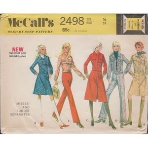 May include: A vintage McCall's sewing pattern, number 2498, featuring illustrations of Misses' and Junior separates. The pattern includes a two-color guide and is dressmaker tested. The size is 16, with a 38-inch bust.