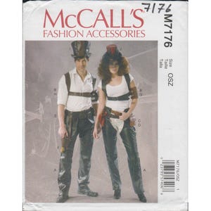 May include: A sewing pattern for a steampunk-inspired costume. The pattern includes instructions for a hat, vest, and pants. The pattern is for size OSZ. The pattern is from McCall's.