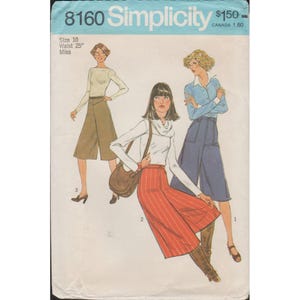 May include: A Simplicity sewing pattern envelope, number 8160, for size 10 with a 25 inch waist. The illustration features three outfits including a beige long-sleeve top with brown culottes, a white cowl-neck top with red striped culottes, and a blue shirt with dark blue culottes.