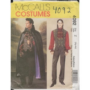 May include: McCall's Costumes sewing pattern number 4092 for a vampire costume. The pattern includes a long black cape, a red and gold patterned vest, and black pants. The pattern is for sizes X-Large to XX-Large.