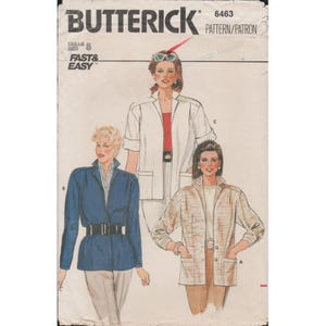 May include: A sewing pattern for three different jackets. The pattern is from Butterick and is number 6463. The pattern is for sizes 8 and up. The jackets are a white jacket with a collar, a blue jacket with a collar and a belt, and a tan jacket with a collar and pockets.