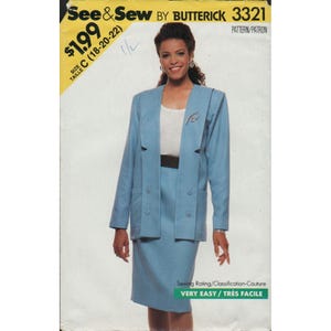 May include: A light blue skirt suit with a double-breasted blazer and a matching knee-length skirt. The pattern is labeled "See & Sew by Butterick 3321" and includes the size range C (18-20-22). The sewing rating is "VERY EASY".