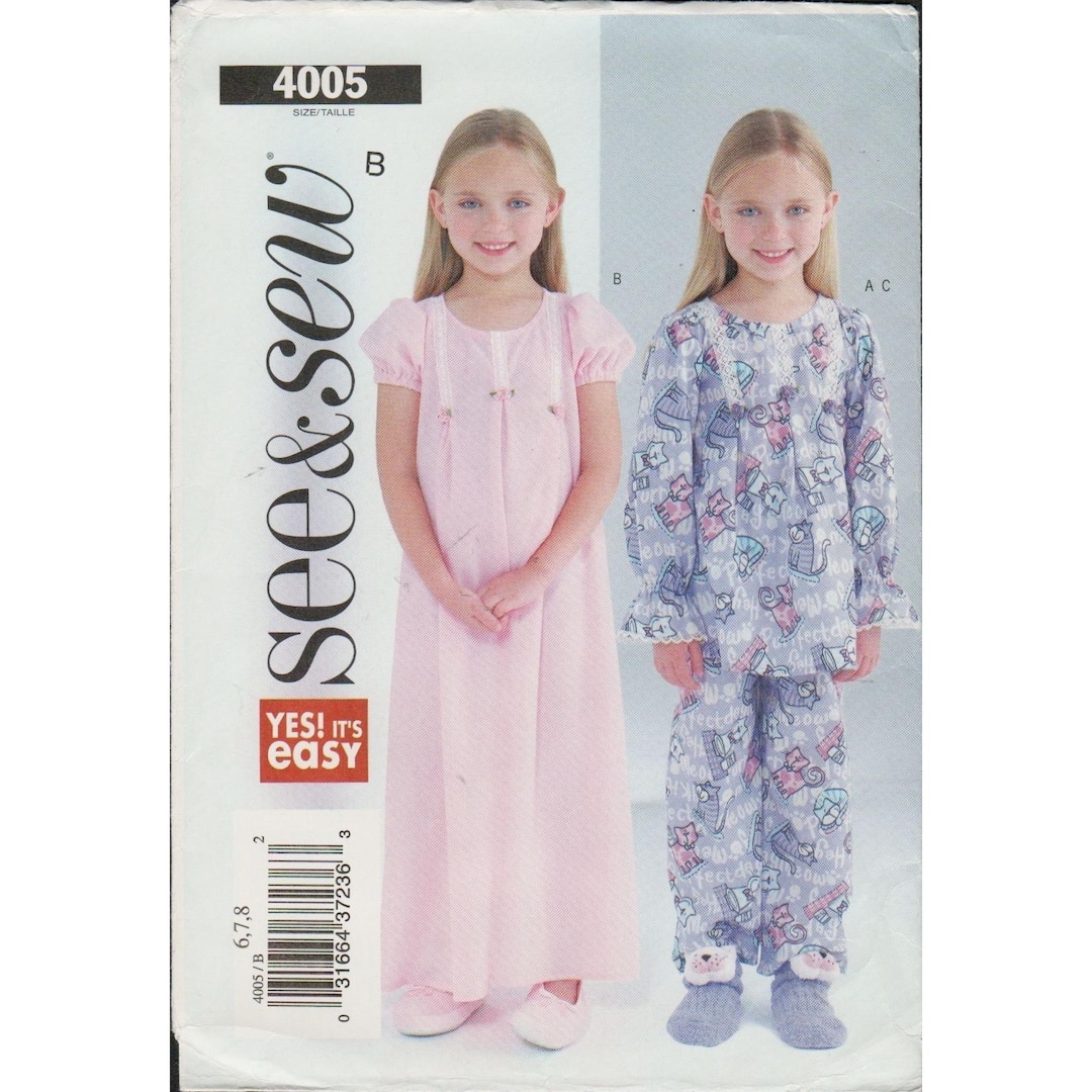 Butterick See & Sew 4005 Easy Nightgown, Pajamas Pattern Girls Size 6 7 ...