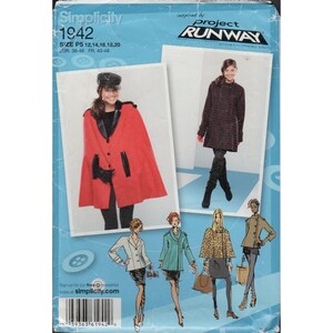 May include: Simplicity 1942 Project Runway sewing pattern envelope featuring a red cape with black trim, a dark patterned coat, and illustrations of various jacket and cape styles. The blue packaging displays size P5 12, 14, 16, 18, 20.