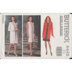 May include: Butterick sewing pattern 6442 featuring Jessica Howard designs. The pattern includes options for dresses and a coat. The cover shows three different outfits, including a white dress with a pleated hem and a red coat.