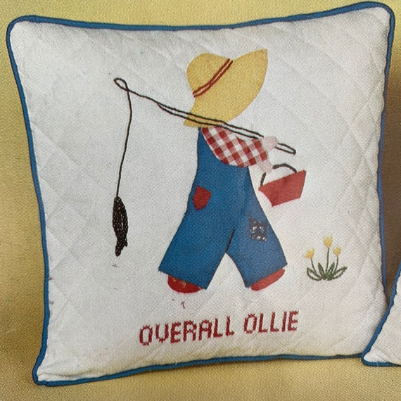 boy with fishing pole overalls and straw hat pattern Overall Ollie Appliqué Patchwork Pillow Craft Kit Boy Fishing Pole Vintage  1970s
