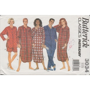 May include: Butterick Classics Fast & Easy 3034 sewing pattern. The pattern features various sleepwear designs, including a red dotted pajama set, plaid nightgowns, and a blue polka-dot jumpsuit. Sizes XS-S-M.