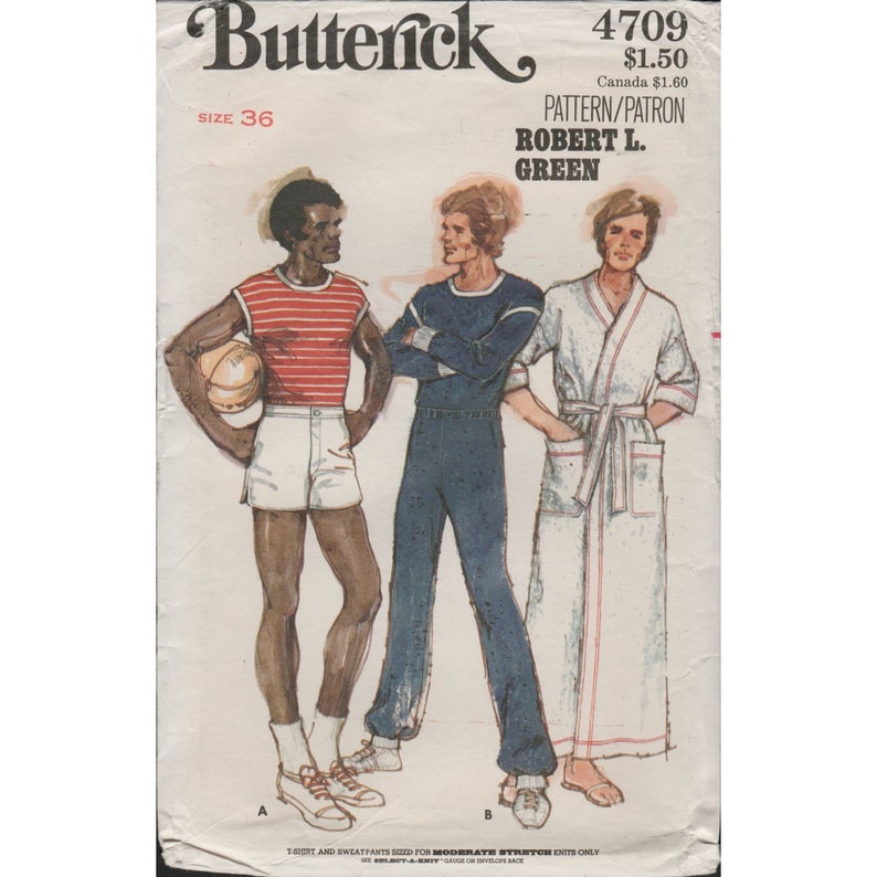 Butterick 4709 Robert Green Mens Joggers, Shorts, Robe Pattern 1970s Sz 36 Uncut image 1