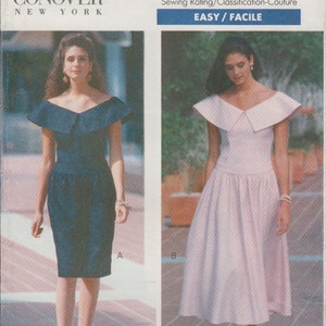 May include: A vintage sewing pattern for a dress with a wide collar and short sleeves. The pattern is for sizes 16-8-10 and is rated easy to sew. The pattern is from the brand Butterick and is designed by Kathryn Conover.