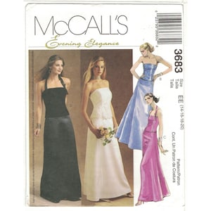 May include: McCall's Evening Elegance sewing pattern for a long formal dress. The pattern includes three different styles: a strapless dress with a lace bodice, a halter dress with a black bodice, and a halter dress with a pink bodice. The pattern is for sizes 14-16-18-20.