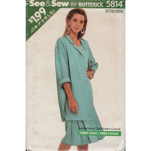 May include: A vintage Butterick sewing pattern, number 5814, featuring a teal-colored outfit. The pattern includes a jacket and a skirt. The text on the pattern reads "See & Sew" and "Very Easy". The size range is P-S-M-L-XL.