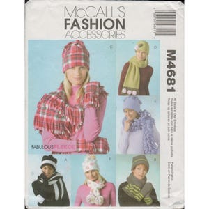 May include: McCall's Fashion Accessories pattern envelope featuring various hat and scarf designs. The designs include a red plaid hat and scarf set, a green hat and scarf with pom-poms, and other styles. The text "FABULOUS FLEECE" is visible.