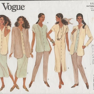 May include: Vogue sewing pattern number 1122 for sizes 6-8-10. The pattern includes five different styles of tops and dresses, all with a button-down front. The models are wearing a variety of colours, including beige, cream, and green.