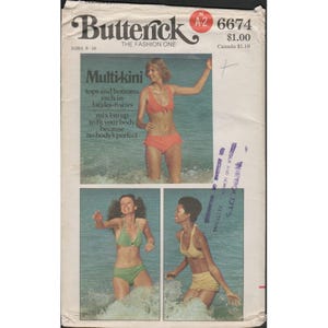 May include: A vintage sewing pattern for a multi-kini swimsuit. The pattern is from Butterick, number 6674, and costs $1.00. The pattern includes three styles of tops and bottoms, each in six sizes. The pattern is for sizes 6-16.