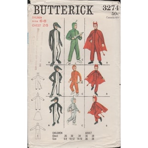 May include: Vintage Butterick sewing pattern featuring children's costumes. The pattern includes designs for a penguin, a space explorer, and a devil. The pattern is for children's sizes 6-8, with a chest size of 26 inches.