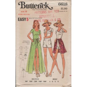May include: A vintage Butterick sewing pattern, number 6618, showcasing illustrations of jumpsuits and separates. The design includes a green jumpsuit, white shorts, and a floral skirt. The text indicates sizes for "Miss Petite" and "Misses".