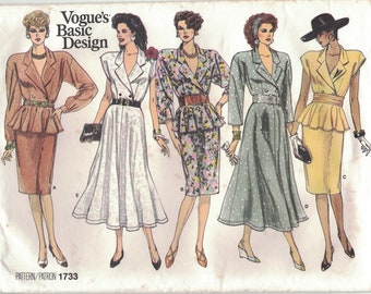 Vogue 1733 Basic Design Belted Peplum Dress Pattern 1980s Misses Size 14 16 18 Uncut