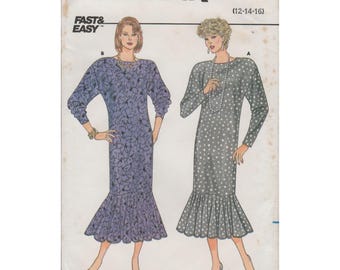 Butterick 4022 Straight Dress w/ Hemline Flounce Pattern Vtg Size 12 14 16 Uncut