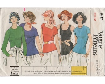 Vogue 9417 T Shirt & Tank Top for Stretch Knits Misses Size 12 Uncut Vtg 1970s
