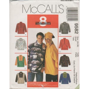 May include: A McCall's sewing pattern for eight pullover designs. The pattern is for a small size (34, 36). The cover shows images of the pullovers in different colours and patterns, with a couple modelling the garments.