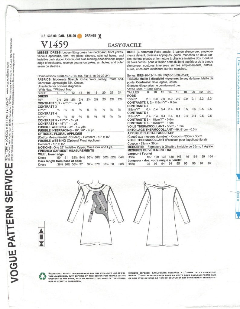Patron De Couture Vogue UNCUT - Modèle 1459 Koos Van Den Akker - Robe Artistique à Appliques - Taille Adulte