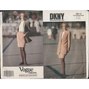 May include: A vintage Vogue Patterns sewing pattern featuring a DKNY design. The pattern includes images of a woman wearing a blazer and skirt ensemble. The pattern size is 8-10-12. The text "AMERICAN DESIGNER" is visible.