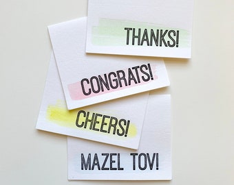 Thanks, Cheers, Congrats and Mazel Tov Letterpress and Watercolor Cards, Set of 4