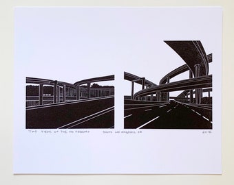 Two Views of the 110 Freeway Los Angeles Letterpress Print, Unframed