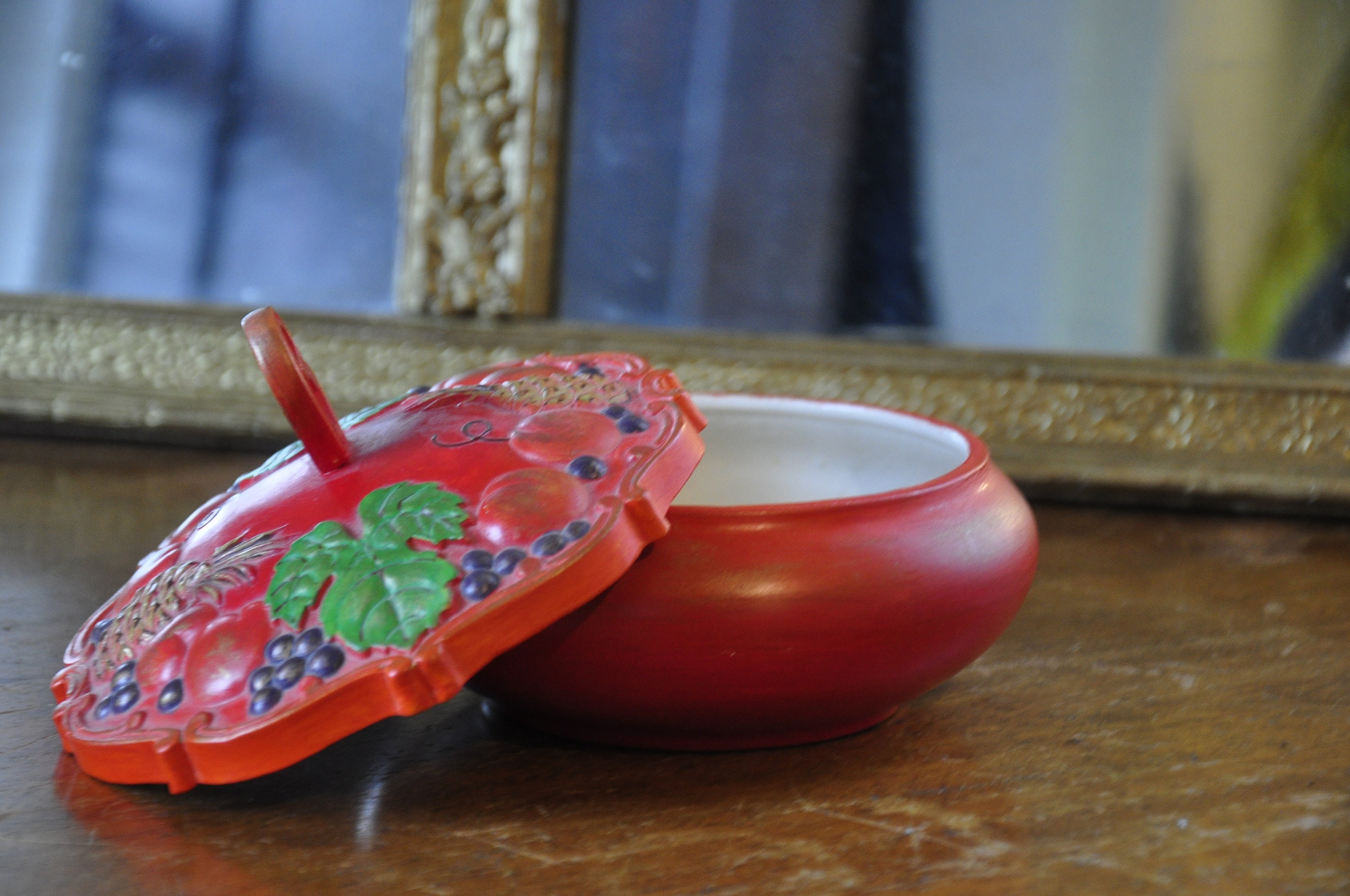 Vintage Painted Red Pottery Condiment Dish and Lid Etsy
