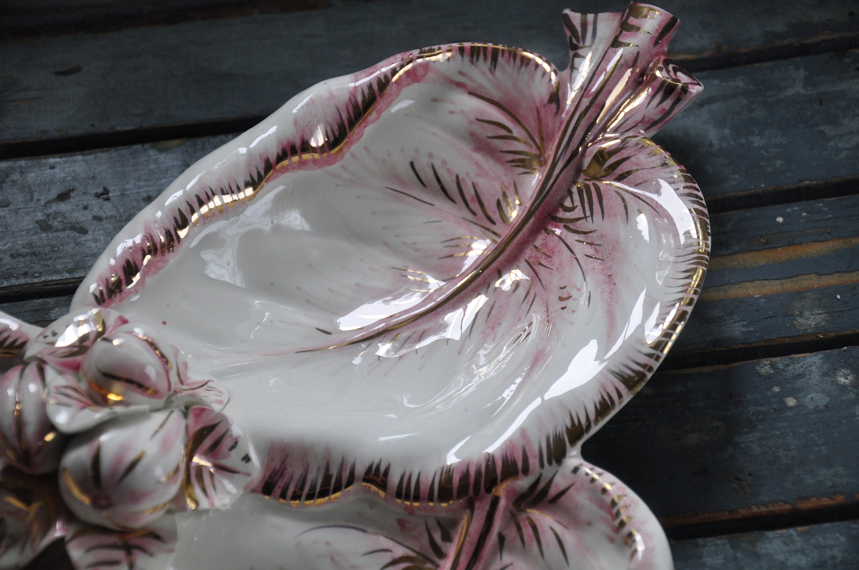 Mid Century Pink and Gold Leaf Shaped Serving Dish Etsy