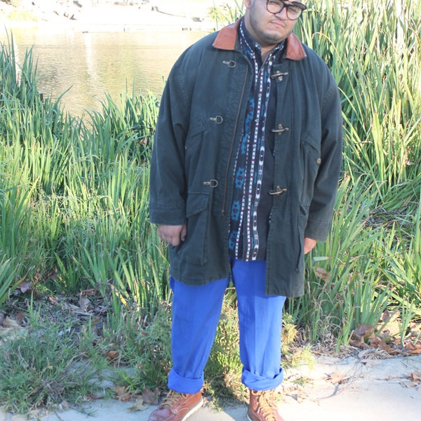 90s Workwear Hip Hop Prep Canvas Parka W/ Leather Collar and Toggles.