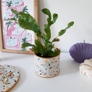 Plant pot, planter, small plant pot, metal plant pot, white pot, multicolour paint splattered image 3