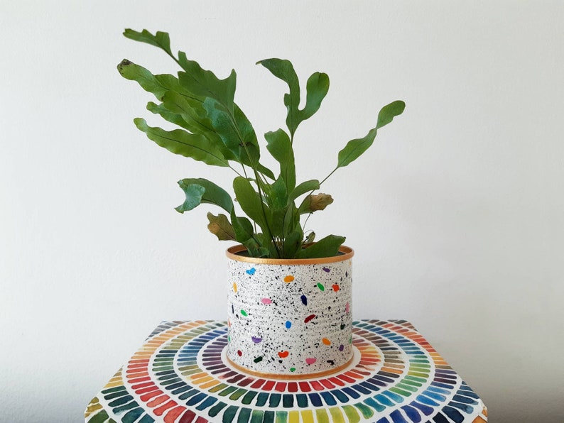 Plant pot, planter, small plant pot, metal plant pot, white pot, multicolour paint splattered image 1